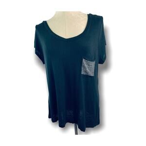 XL Ocasion Short Sleeve Junior Women's Sheer Embellished Pocket Tshirt V-Neck